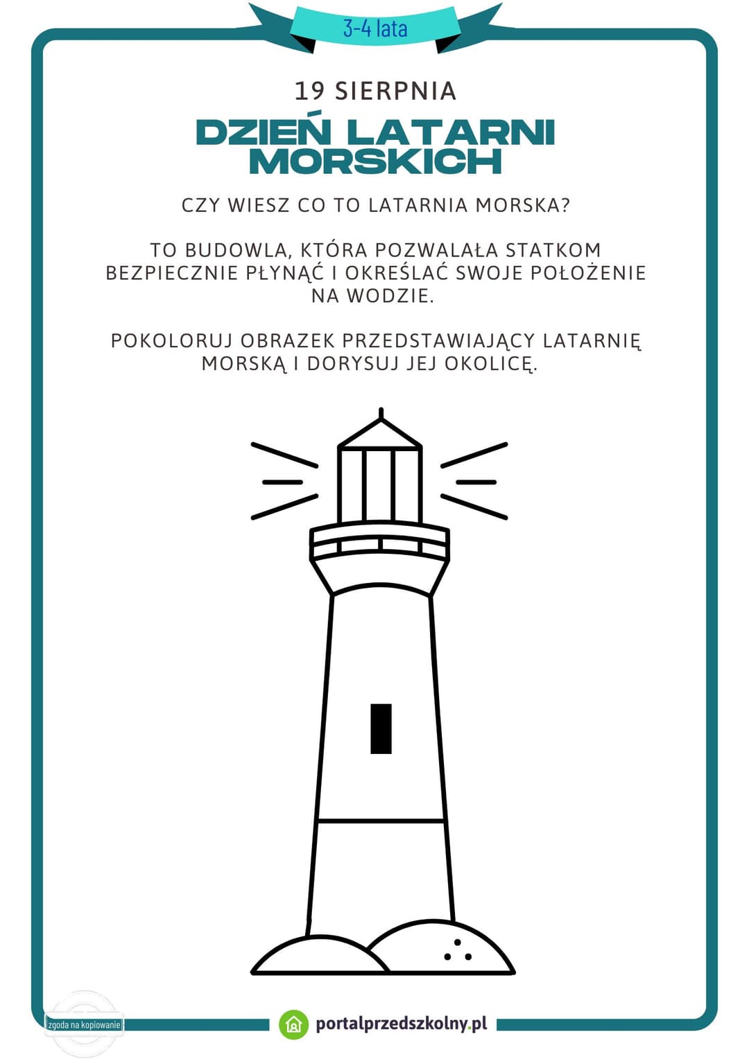 Karta pracy dla 3 i 4-latków na 19 sierpnia (Dzień Latarni Morskich)