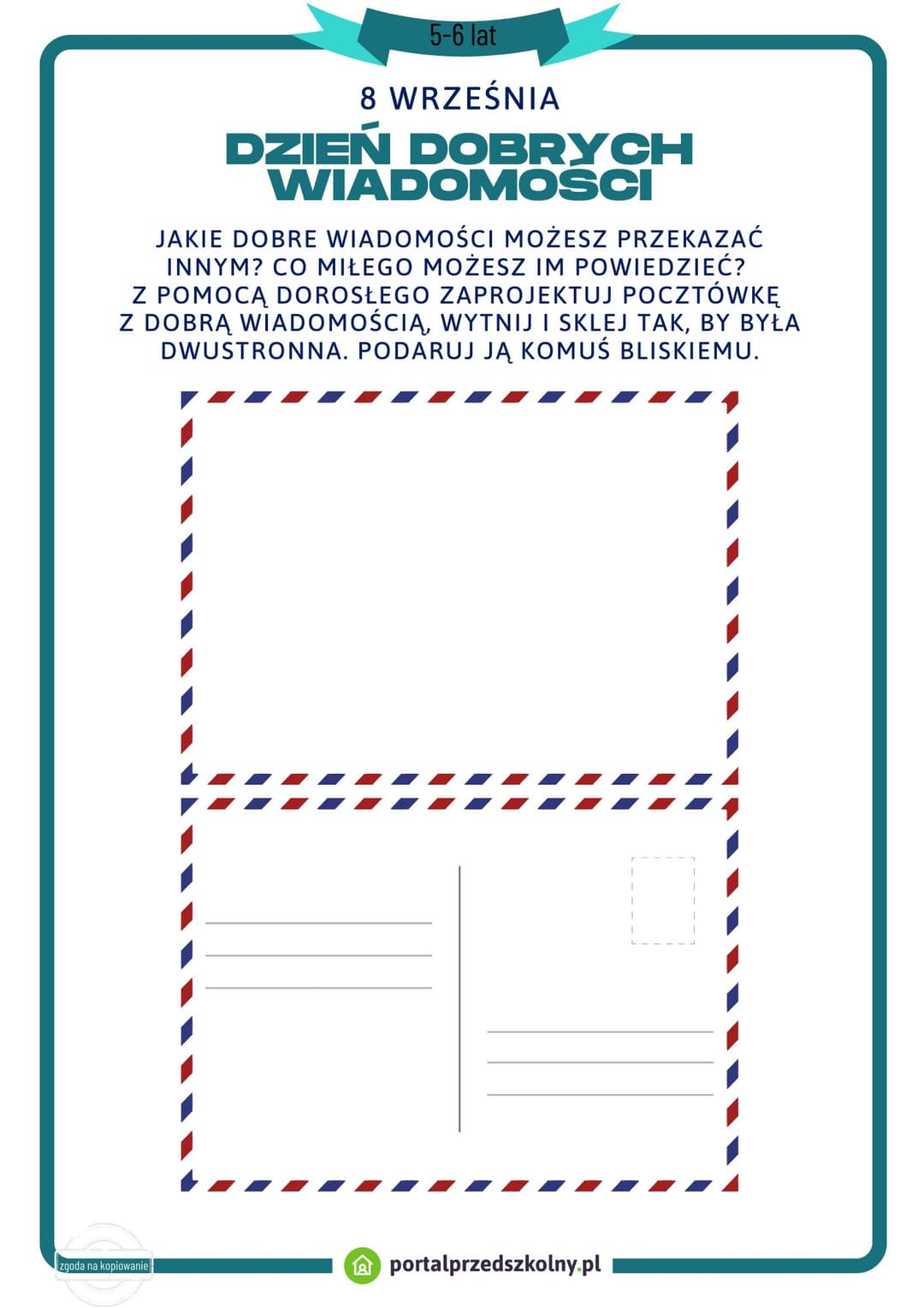 Karta pracy dla 5 i 6-latków na 8 września Dzień Dobrych Wiadomości