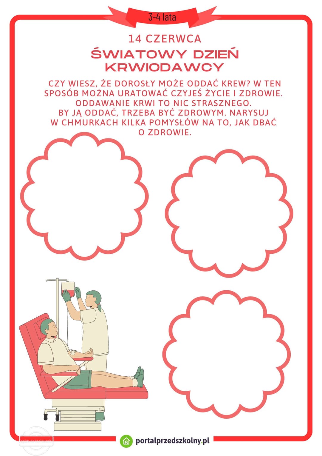 Karta pracy dla 3 i 4-latków na 14 czerwca (Dzień Krwiodawcy) 