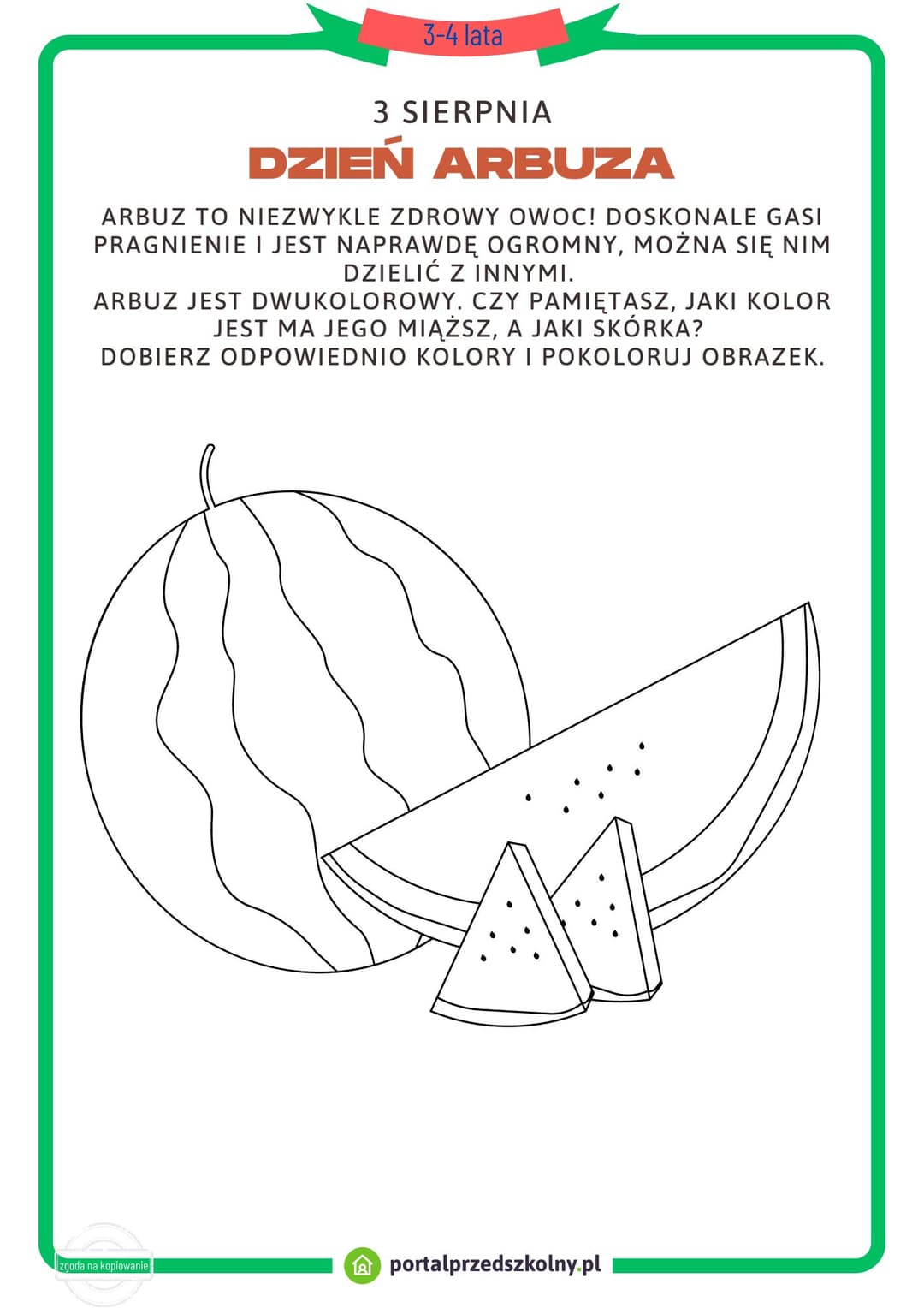 Karta pracy dla 3 i 4-latków na 3 sierpnia (Dzień Arbuza)