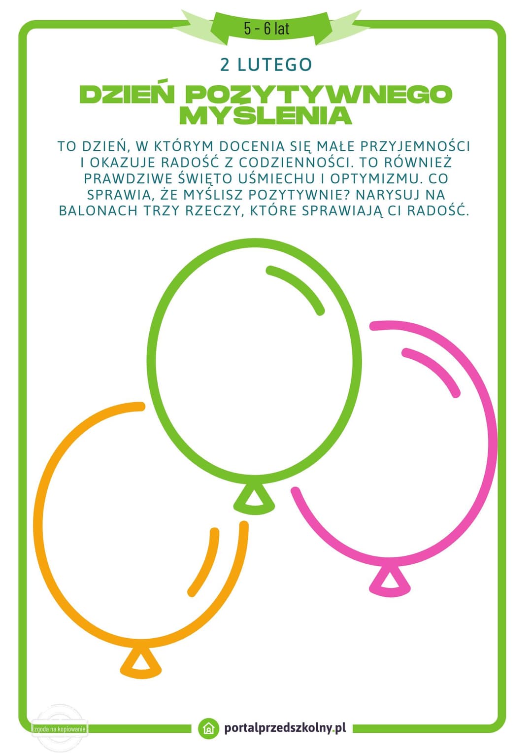 Dzień Pozytywnego Myślenia. Karta pracy dla 5 i 6 latków na 2 lutego 