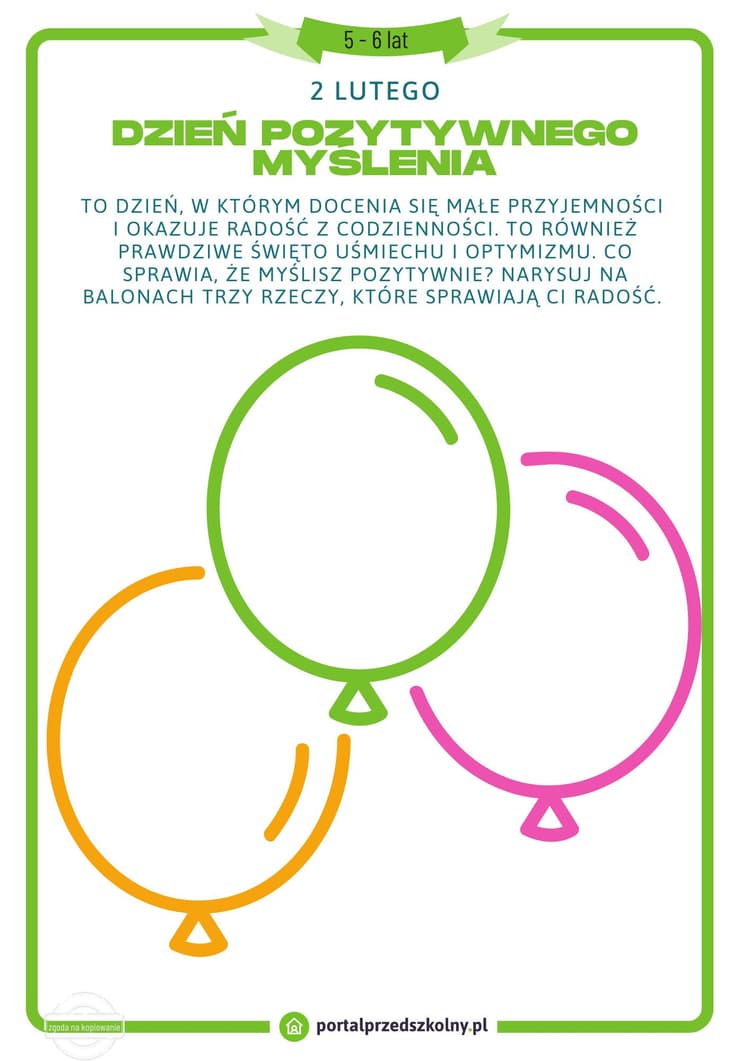 Dzień Pozytywnego Myślenia. Karta pracy dla 5 i 6 latków na 2 lutego 
