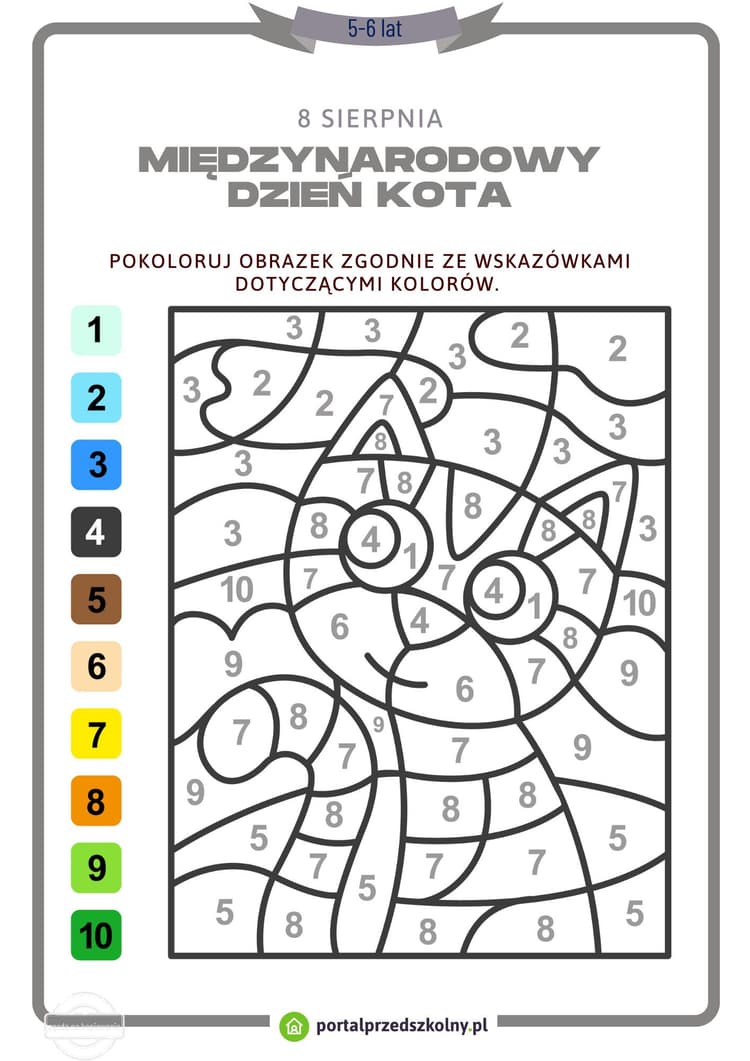 Karta pracy dla 5 i 6-latków na 8 sierpnia (Międzynarodowy Dzień Kota)