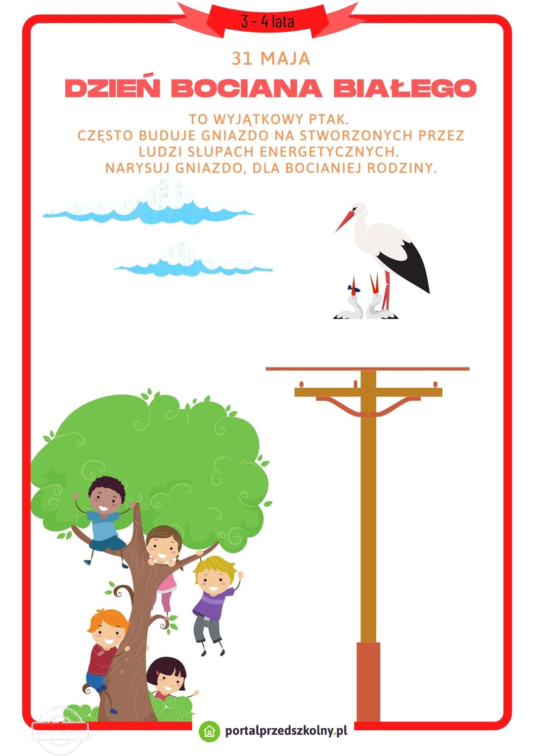   Karta pracy dla 3 i 4-latków na 31 maja (Dzień Bociana Białego) 
