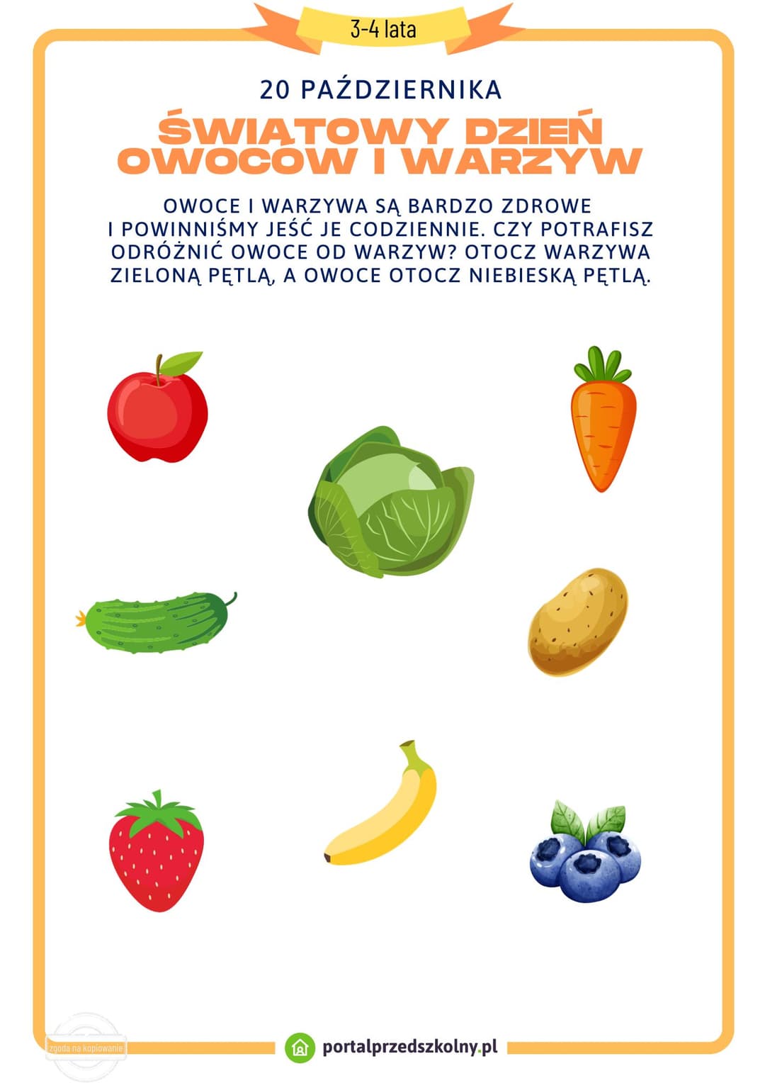 Karta pracy dla 3 i 4-latków na 20 października Światowy Dzień Warzyw i Owoców