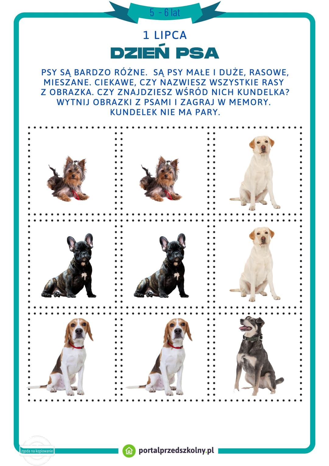 Karta pracy dla 5 i 6-latków na 1 lipca (Dzień Psa) 