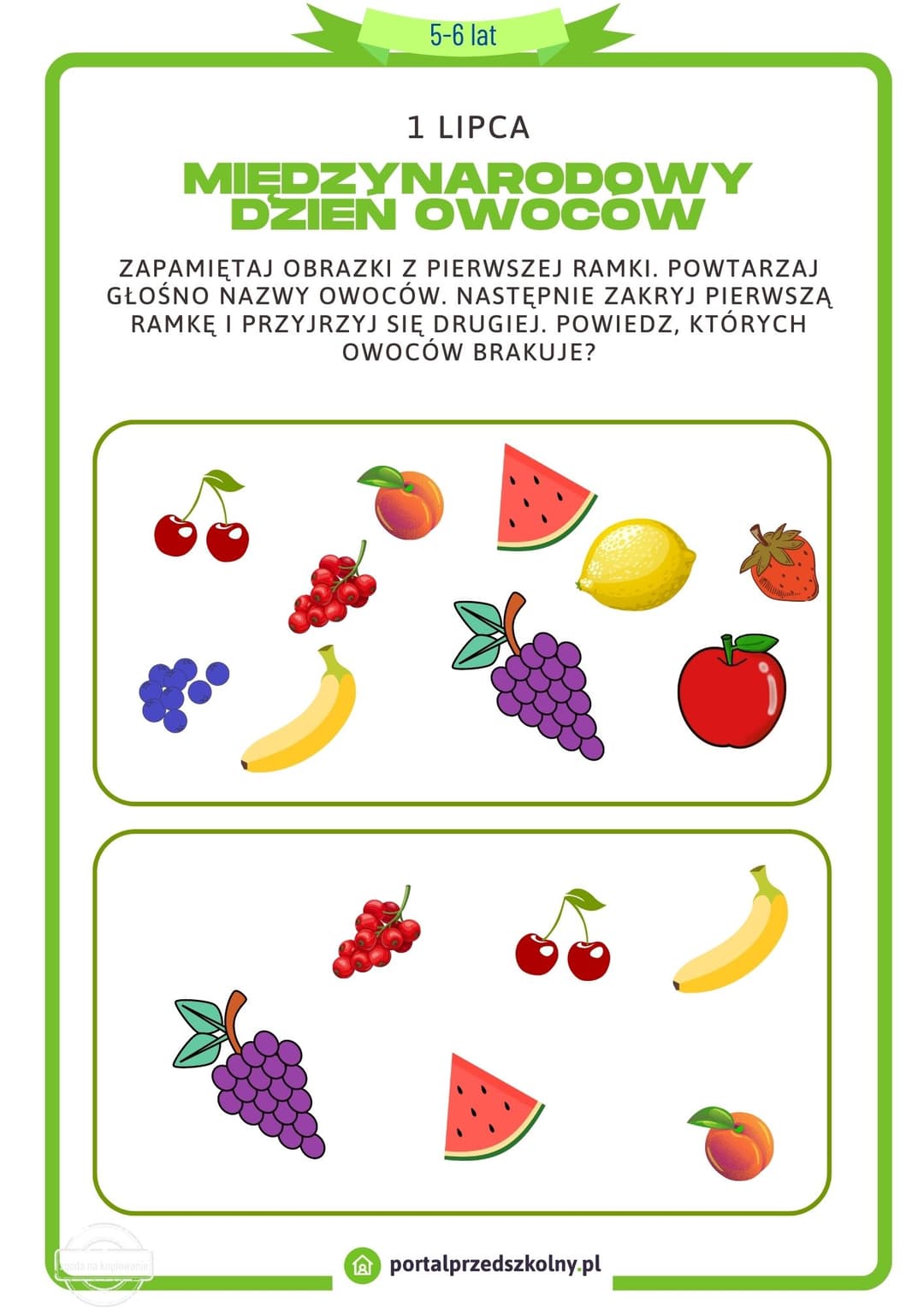   Karta pracy dla 5 i 6-latków na 1 lipca (Dzień Owoców) 