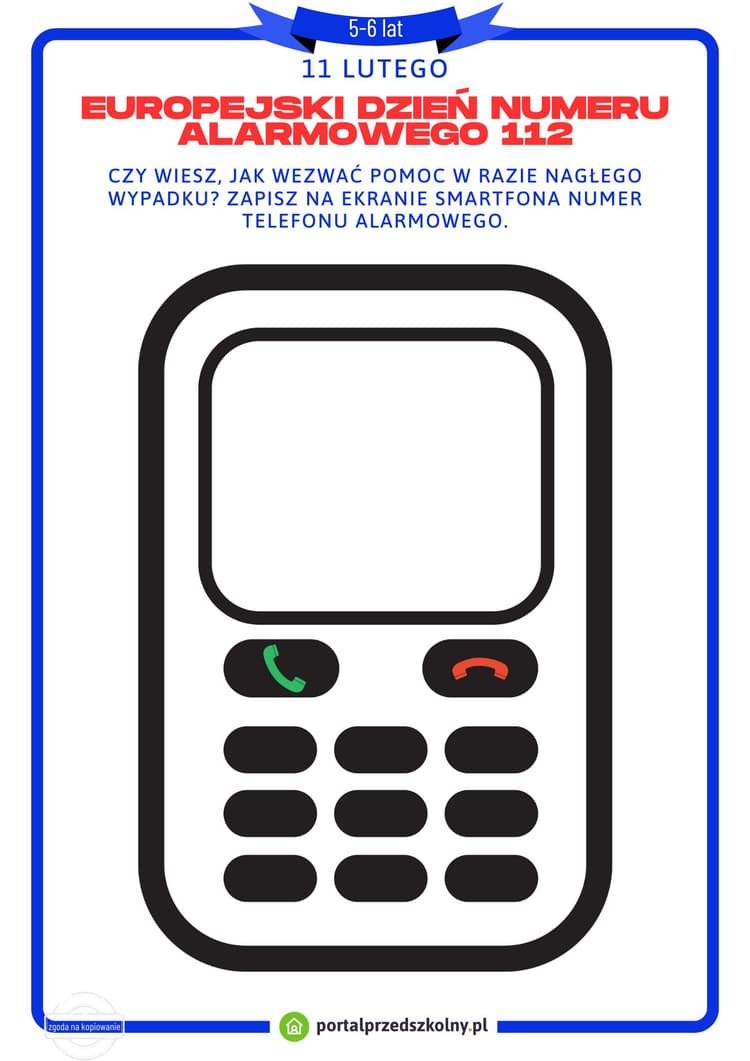   Karta pracy dla 5-6-latków na 11 lutego (Europejski Dzień Numeru Alarmowego 112)