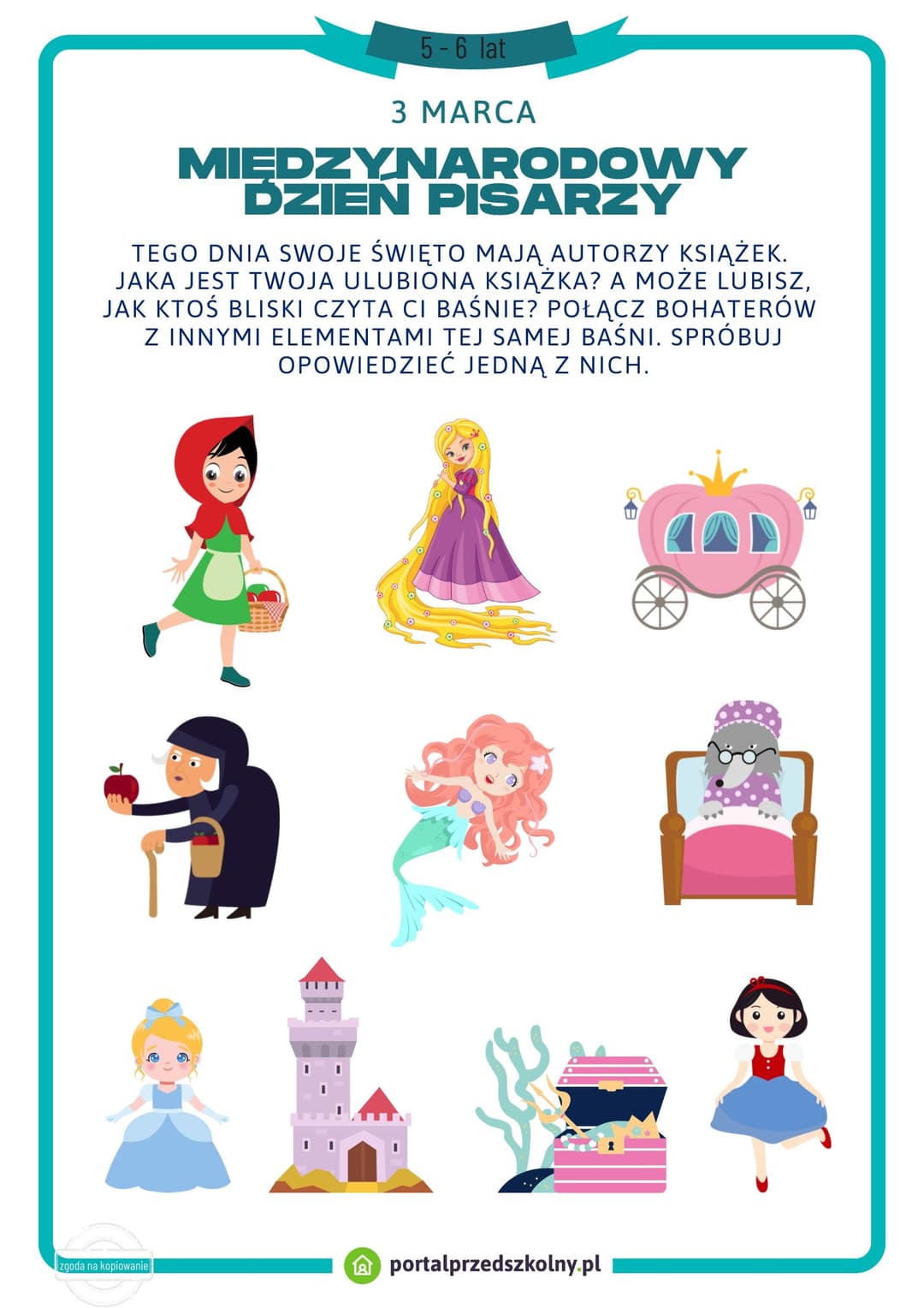 Karta pracy dla 5 i 6-latków na 3 marca (Dzień Pisarzy). Pobierz gotową do wydrukowania kartę pracy na 3 marca (Dzień Pisarzy). Poziom trudności zadań na karcie został dostosowany do możliwości 5 i 6-latków. 