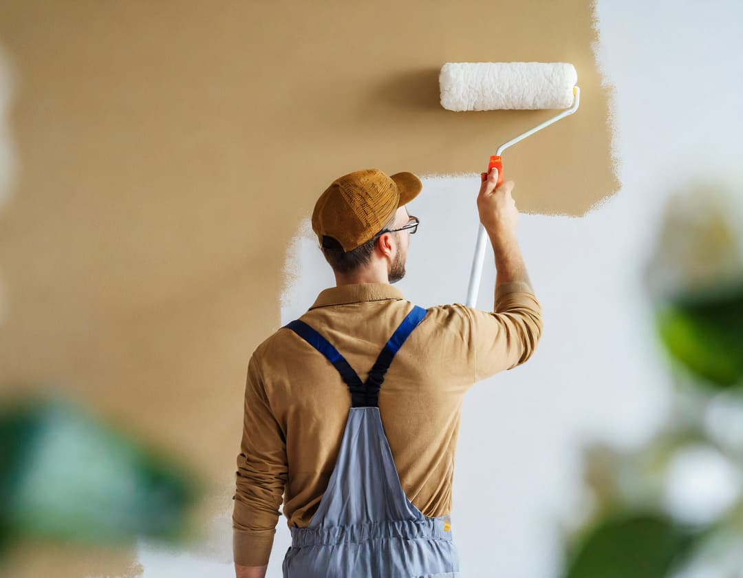 Czy rodzic może wykonać drobne naprawy na terenie przedszkola? Na zdjęciu mężczyzna malujący ścianę. 