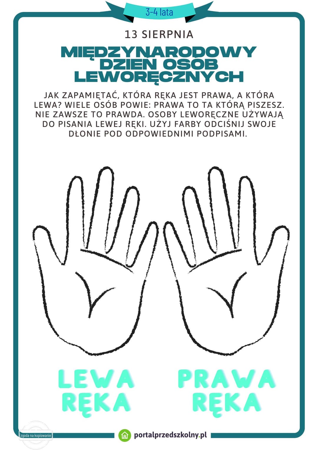 Karta pracy dla 3 i 4-latków na 13 sierpnia (Międzynarodowy Dzień Osób Leworęcznych)