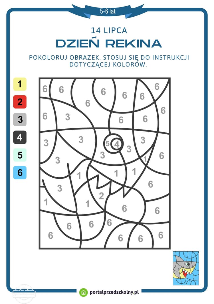   Karta pracy dla 5 i 6-latków na 14 lipca (Dzień Rekina)