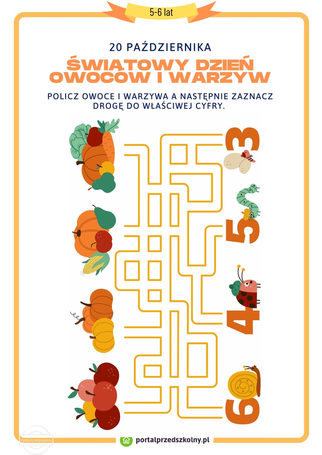 Karta pracy dla 5 i 6-latków na 20 października Światowy Dzień Warzyw i Owoców