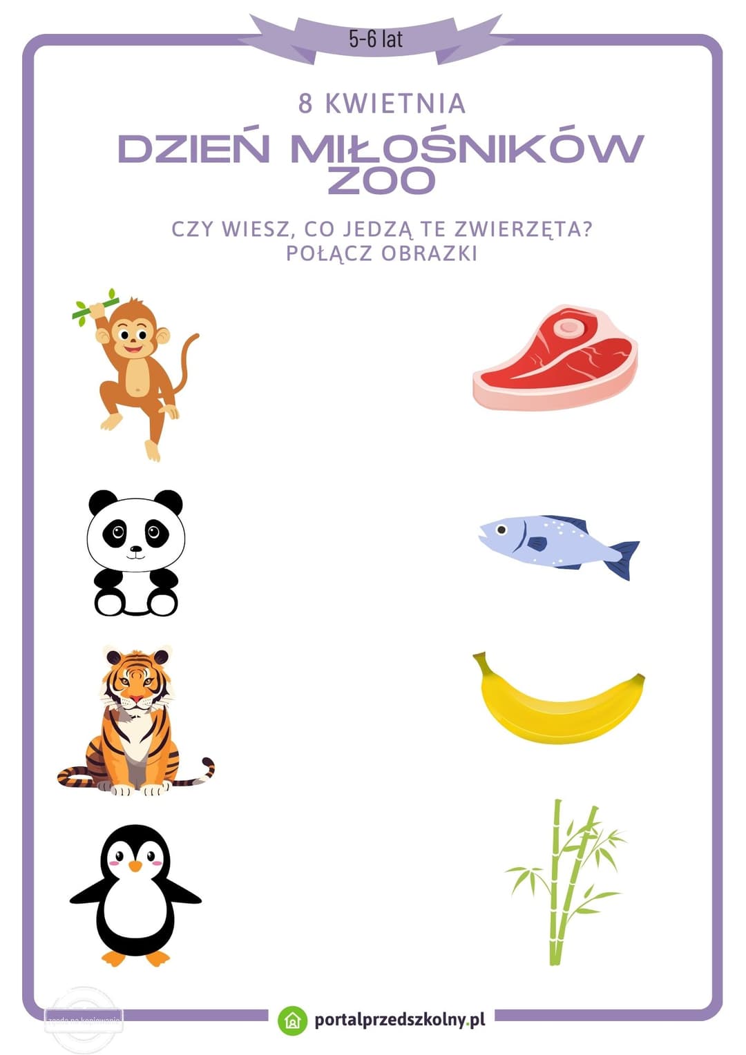 Karta pracy dla 5 i 6-latków na 8 kwietnia (Dzień Miłośników ZOO)