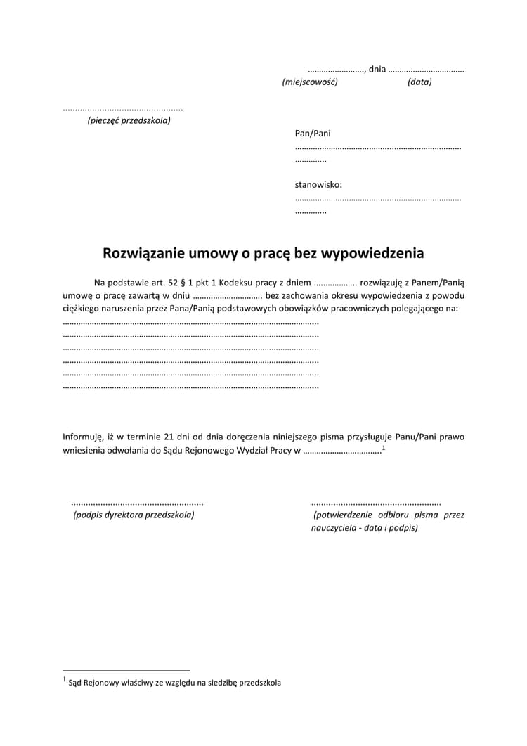 Wzór rozwiązania umowy o pracę bez wypowiedzenia – zwolnienie dyscyplinarne