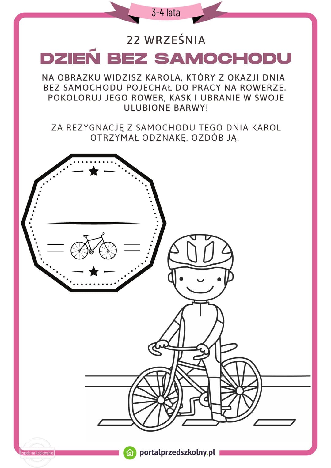 Karta pracy dla 3 i 4-latków na 23 września Dzień Bez Samochodu