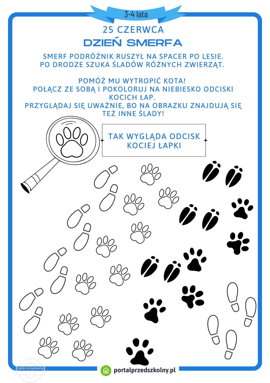 Karta pracy dla 3 i 4-latków na 25 czerwca (Dzień Smerfa)