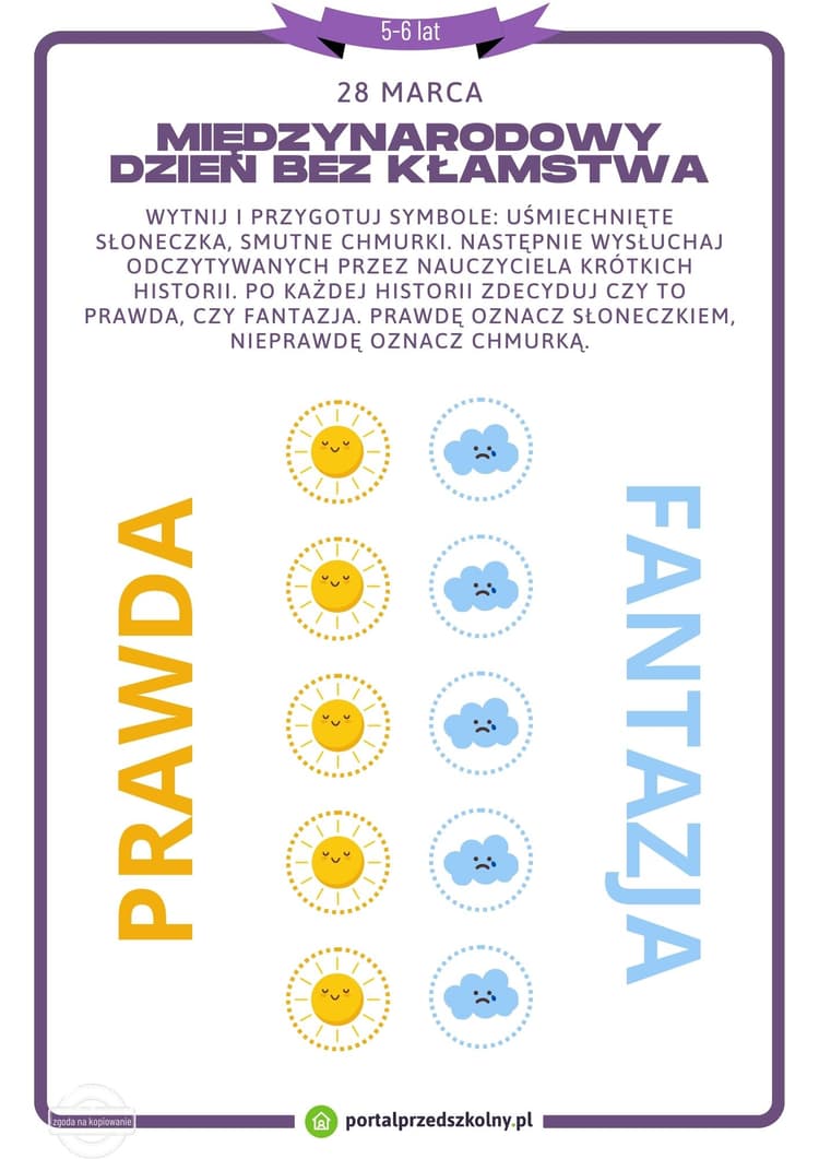   Karta pracy dla 5 i 6-latków na 28 marca (Międzynarodowy Dzień bez Kłamstwa)