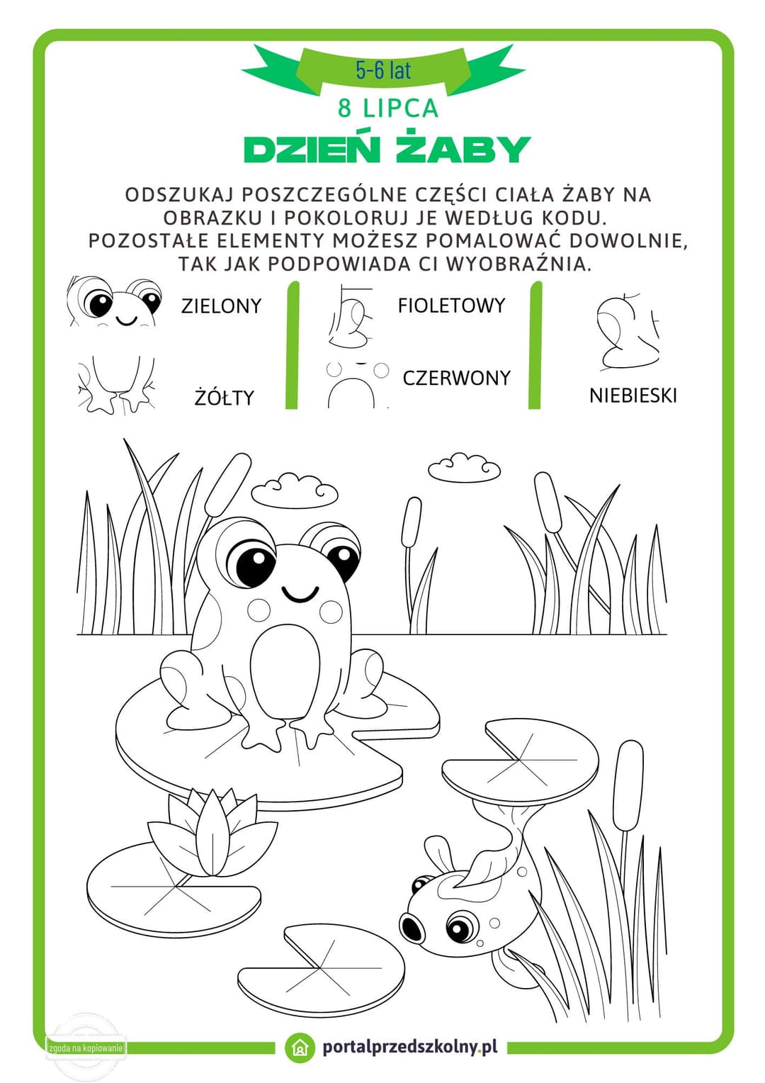 Karta pracy dla 5 i 6-latków na 8 lipca (Dzień Żaby) 