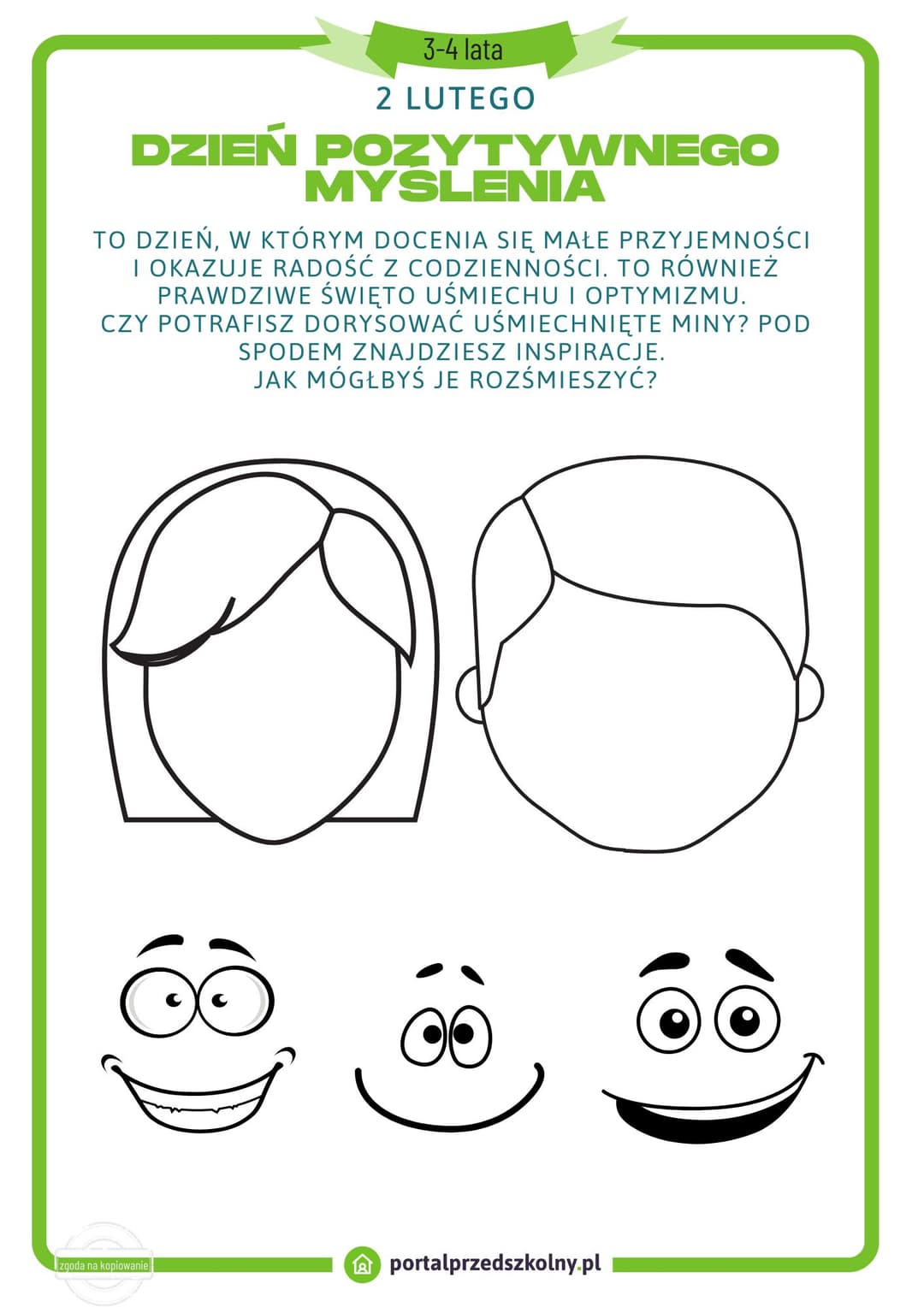 Dzień Pozytywnego Myślenia. Karta pracy dla 3 i 4 latków na 2 lutego 