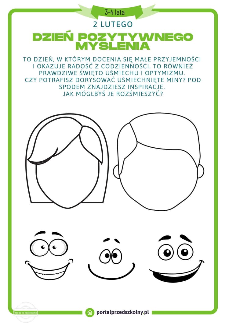 Dzień Pozytywnego Myślenia. Karta pracy dla 3 i 4 latków na 2 lutego 