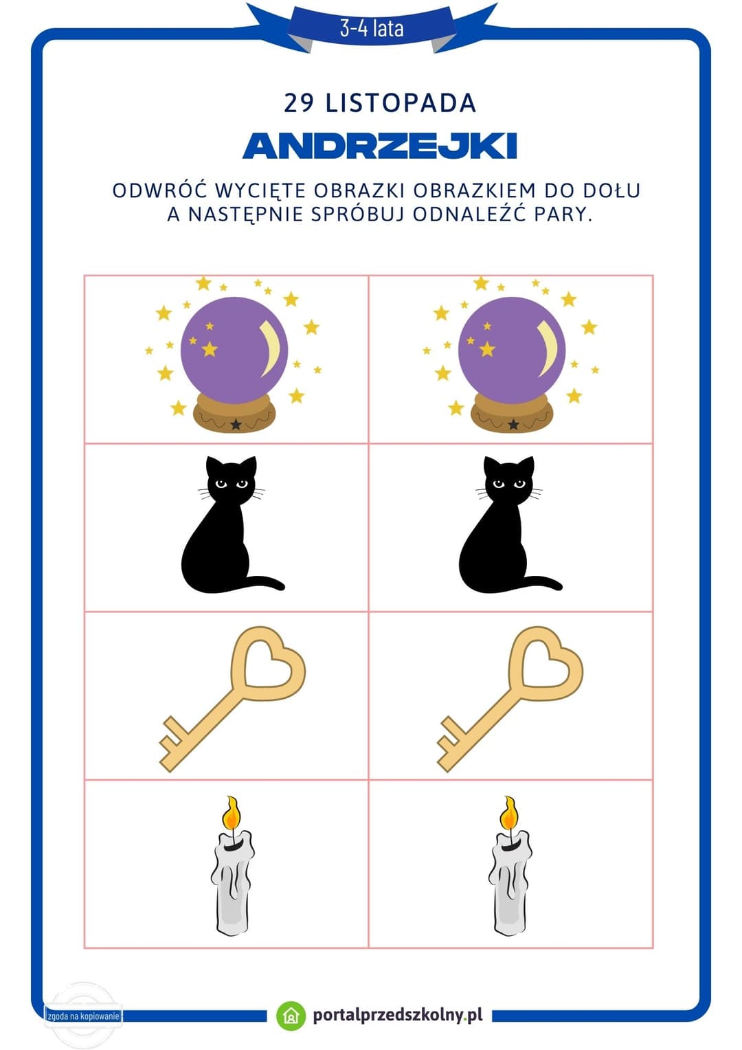 Karta pracy dla 3 i 4-latków na 29 listopada (Andrzejki)