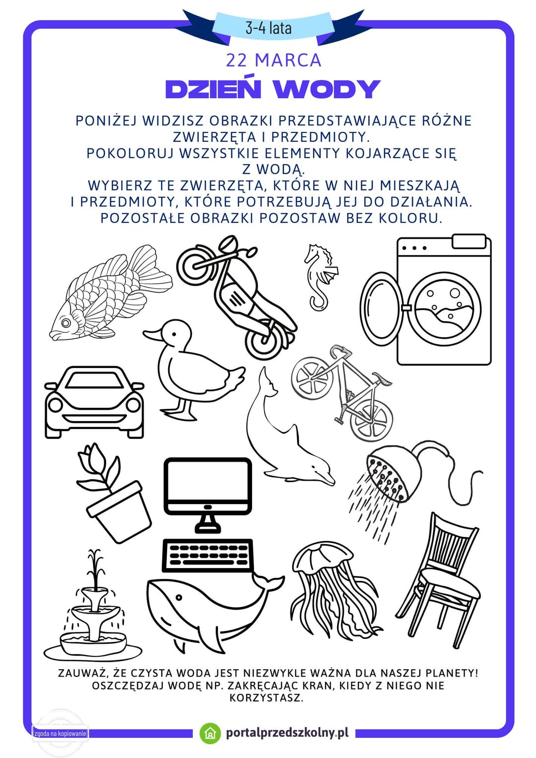 Karta pracy dla 3 i 4-latków na 22 marca (Dzień Wody)