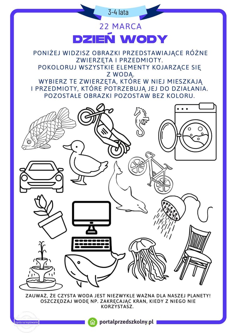 Karta pracy dla 3 i 4-latków na 22 marca (Dzień Wody)