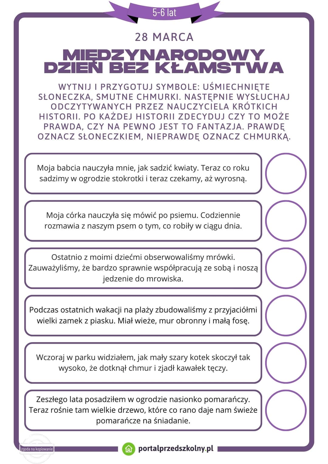   Karta pracy dla 5 i 6-latków na 28 marca (Międzynarodowy Dzień bez Kłamstwa)