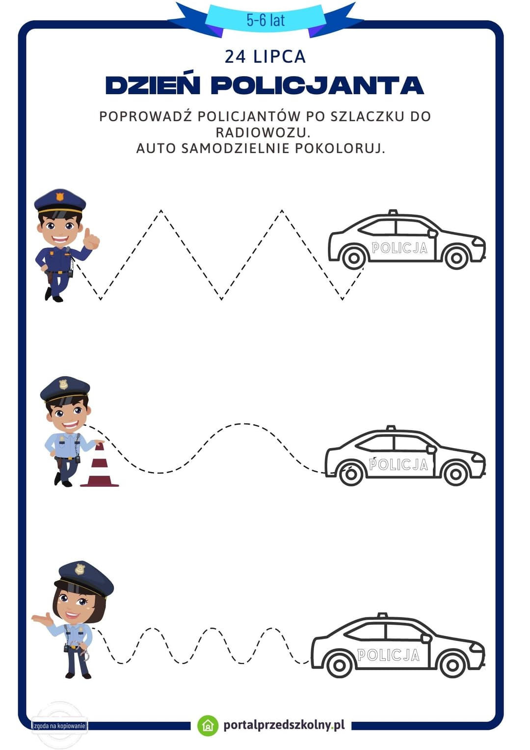 Karta pracy dla 5 i 6-latków na 24 lipca (Dzień Policjanta) 