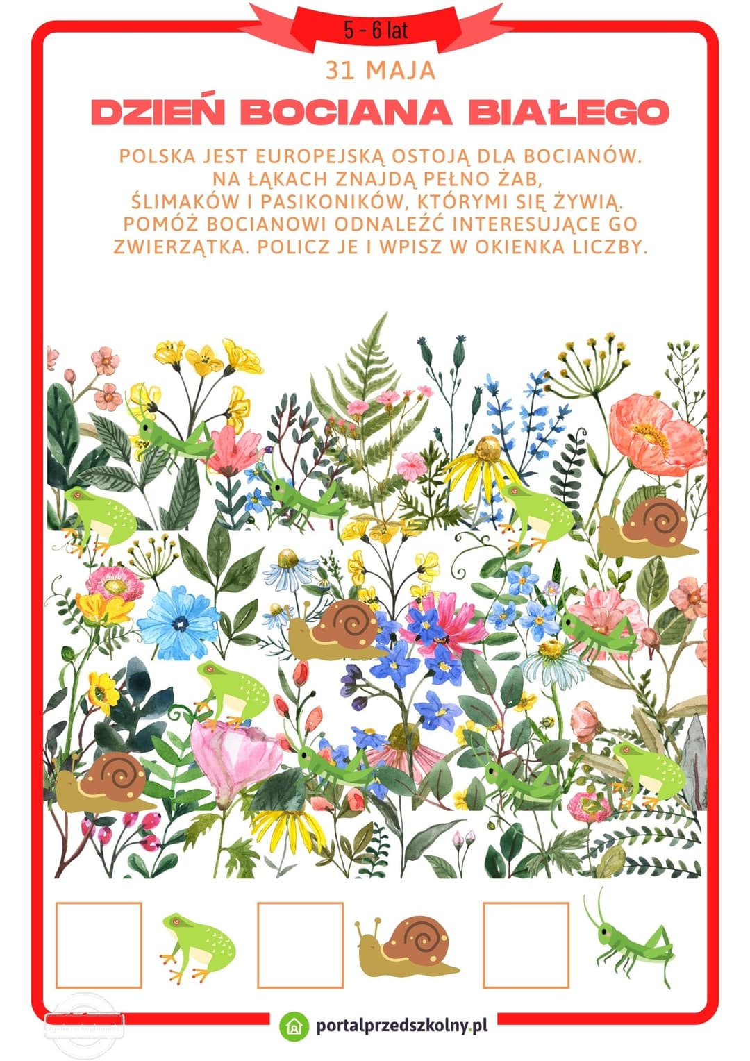   Karta pracy dla 5 i 6-latków na 31 maja (Dzień Bociana Białego) 