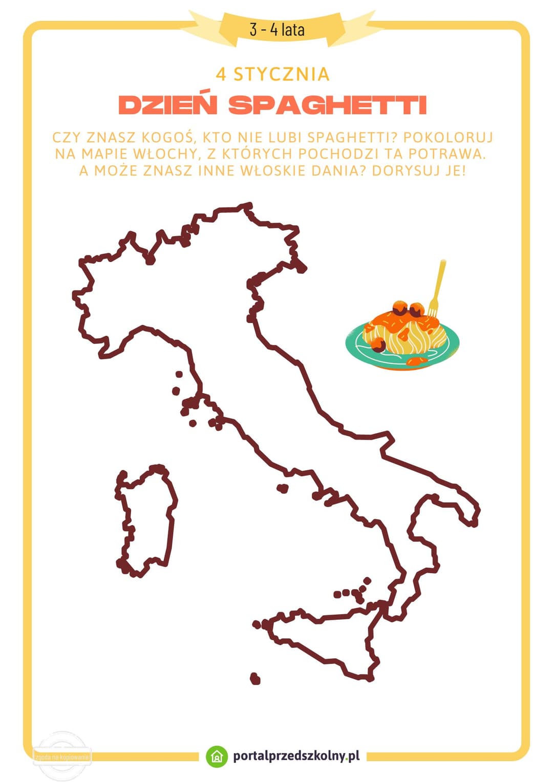   Karta pracy dla 3 i 4-latków na 4 stycznia (Dzień Spaghetti)