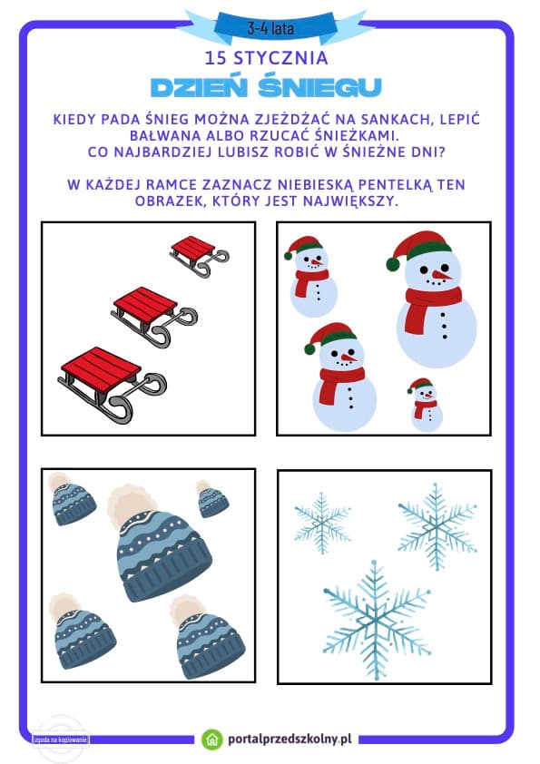 Karta pracy dla 3 i 4-latków na 15 stycznia (Dzień Śniegu)