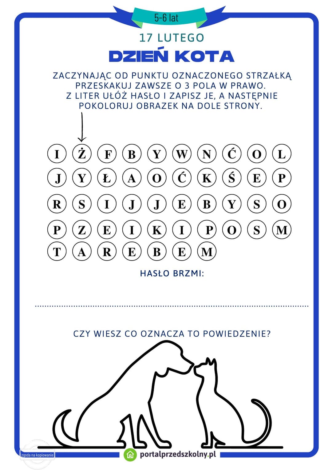 Karta pracy dla 5 i 6 latków na 17 lutego (Dzień Kota)