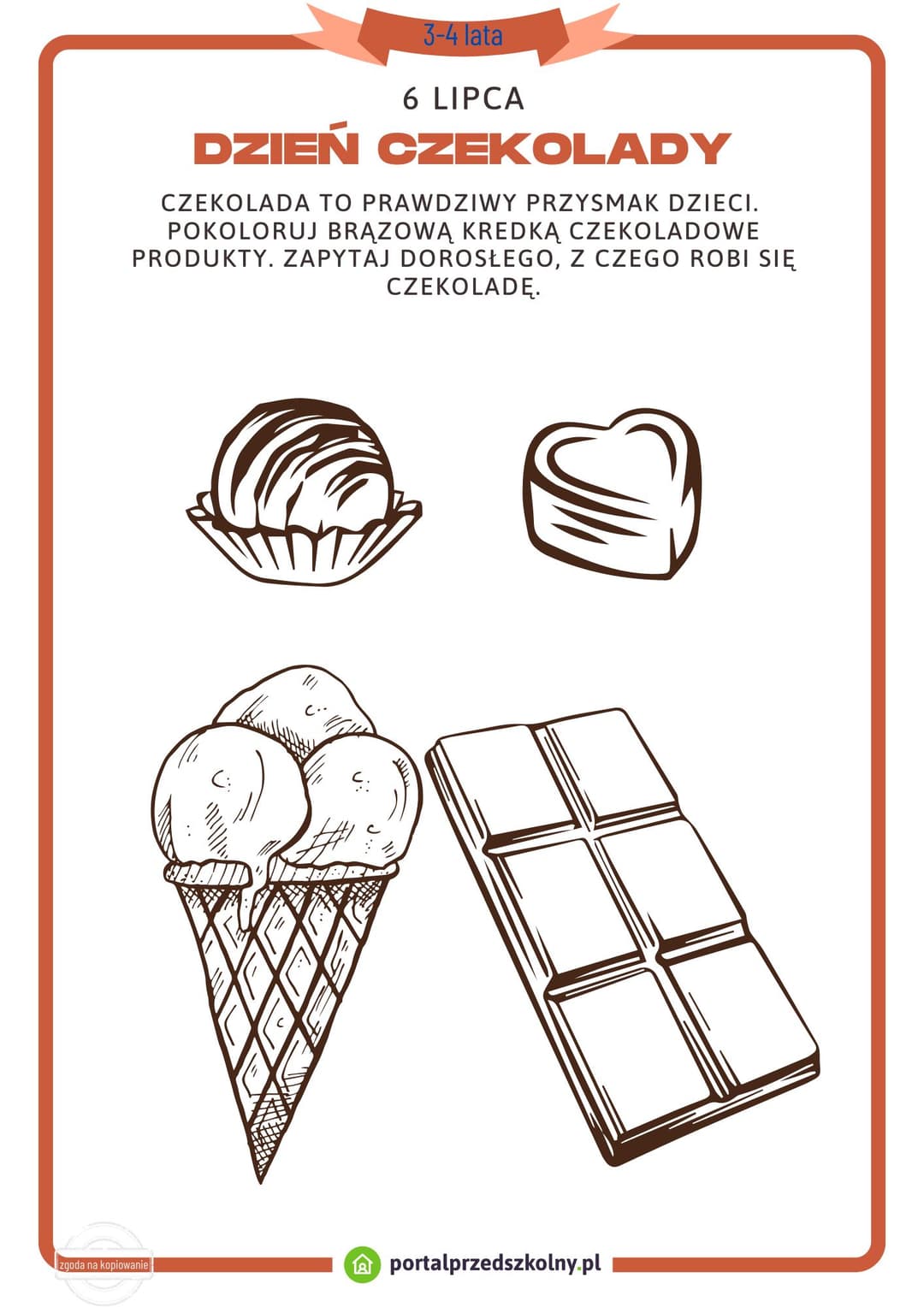 Karta pracy dla 3 i 4-latków na 6 lipca (Dzień Czekolady) 