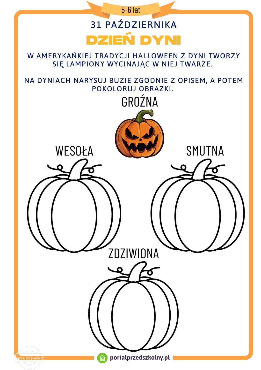 Karta pracy dla 5 i 6-latków na 31 października (Dzień Dyni)