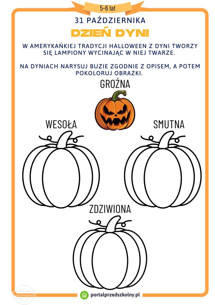 Karta pracy dla 5 i 6-latków na 31 października (Dzień Dyni)