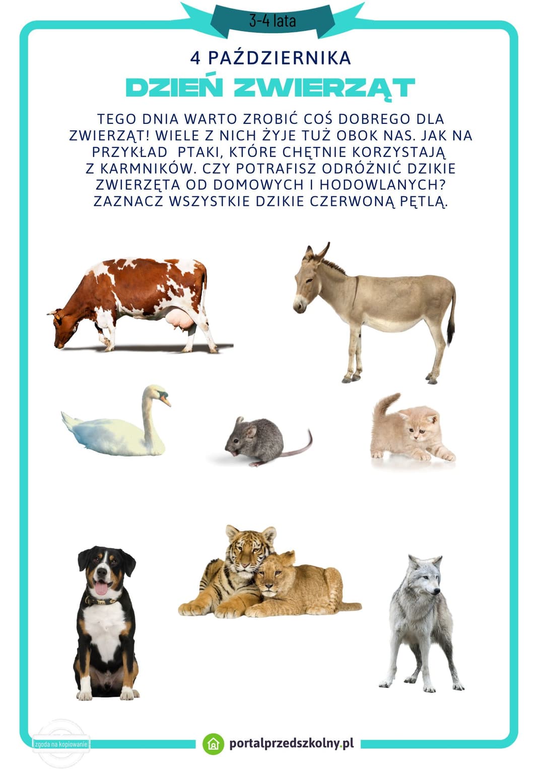   Karta pracy dla 3 i 4-latków na 4 października Dzień Zwierząt