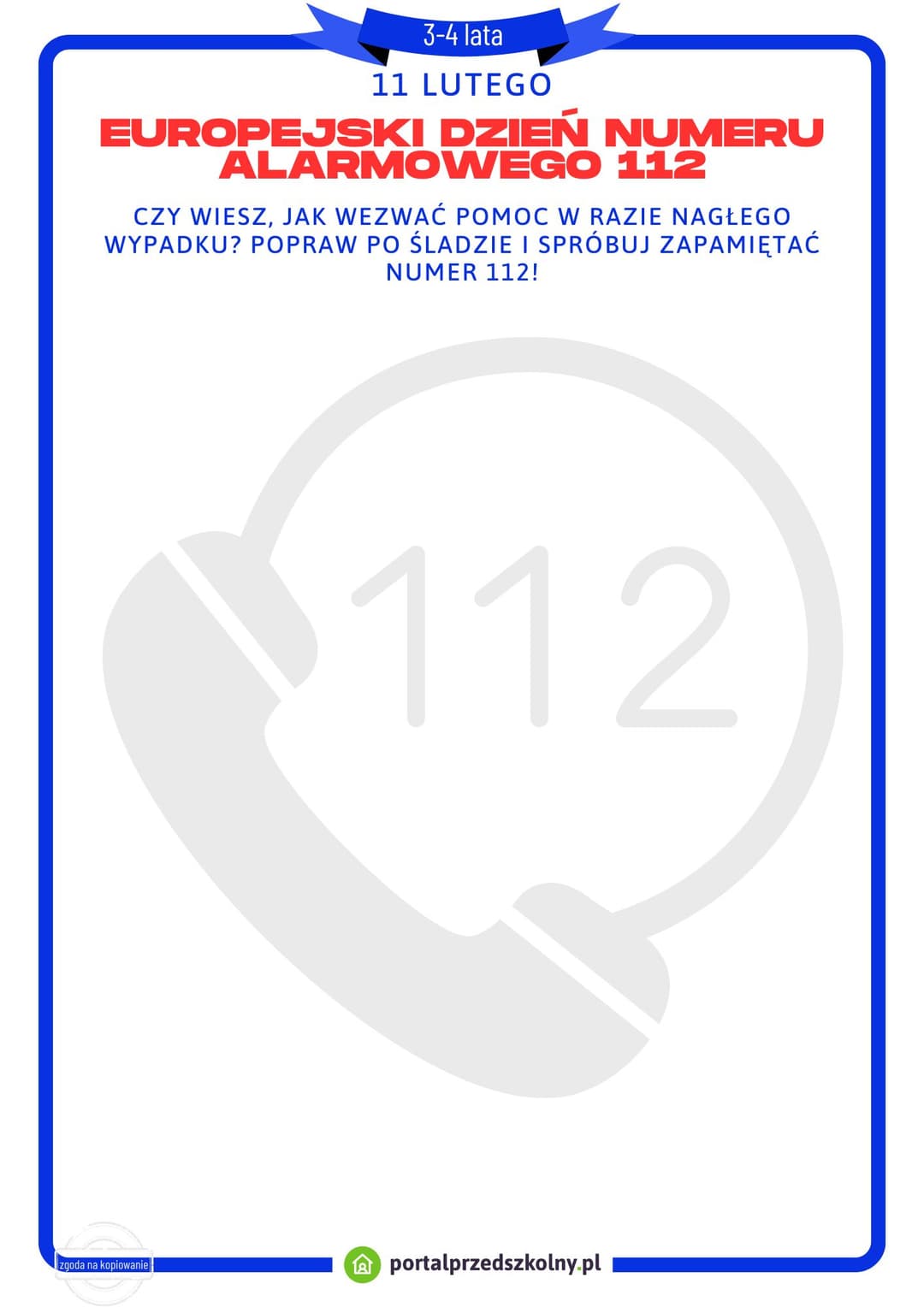   Karta pracy dla 3-4-latków na 11 lutego (Europejski Dzień Numeru Alarmowego 112)