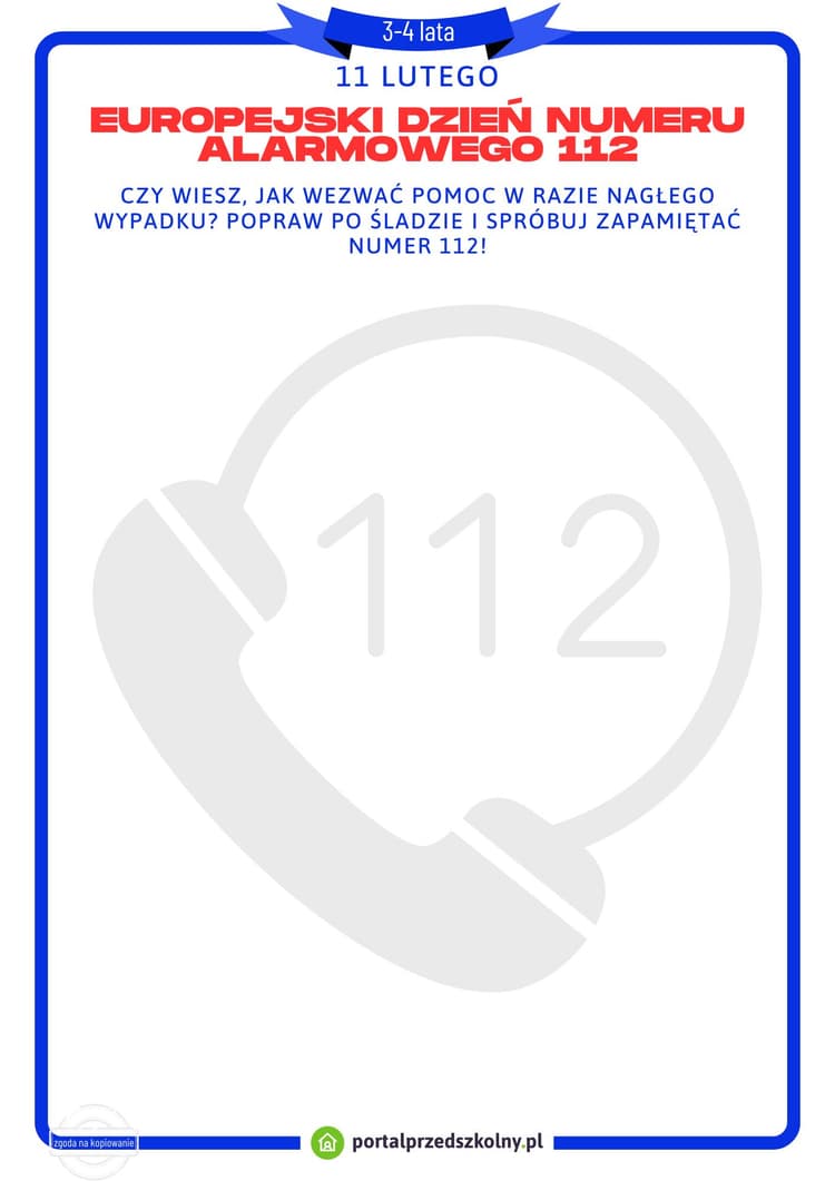   Karta pracy dla 3-4-latków na 11 lutego (Europejski Dzień Numeru Alarmowego 112)