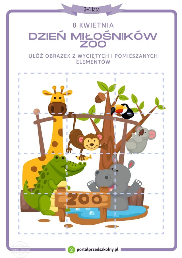   Karta pracy dla 3 i 4-latków na 8 kwietnia (Dzień Miłośników ZOO)