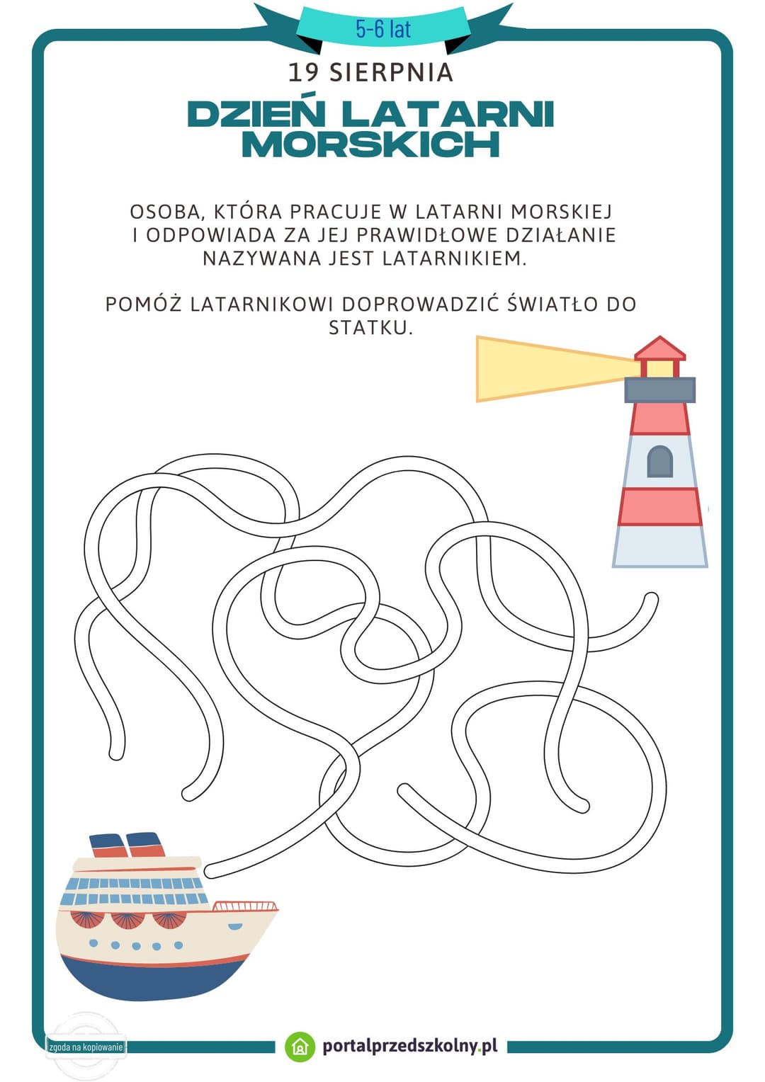 Karta pracy dla 5 i 6-latków na 19 sierpnia (Dzień Latarni Morskich)