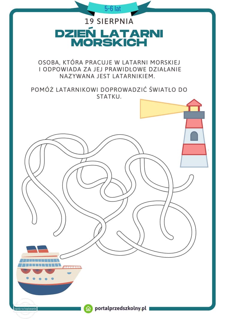 Karta pracy dla 5 i 6-latków na 19 sierpnia (Dzień Latarni Morskich)