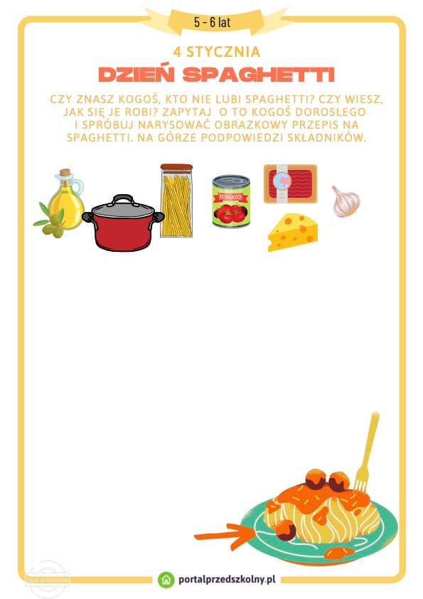   Karta pracy dla 5 i 6 latków na 4 stycznia (Dzień Spaghetti)