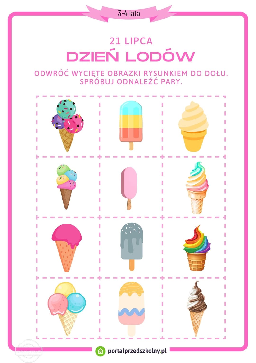 Karta pracy dla 3 i 4-latków na 21 lipca (Dzień Lodów)