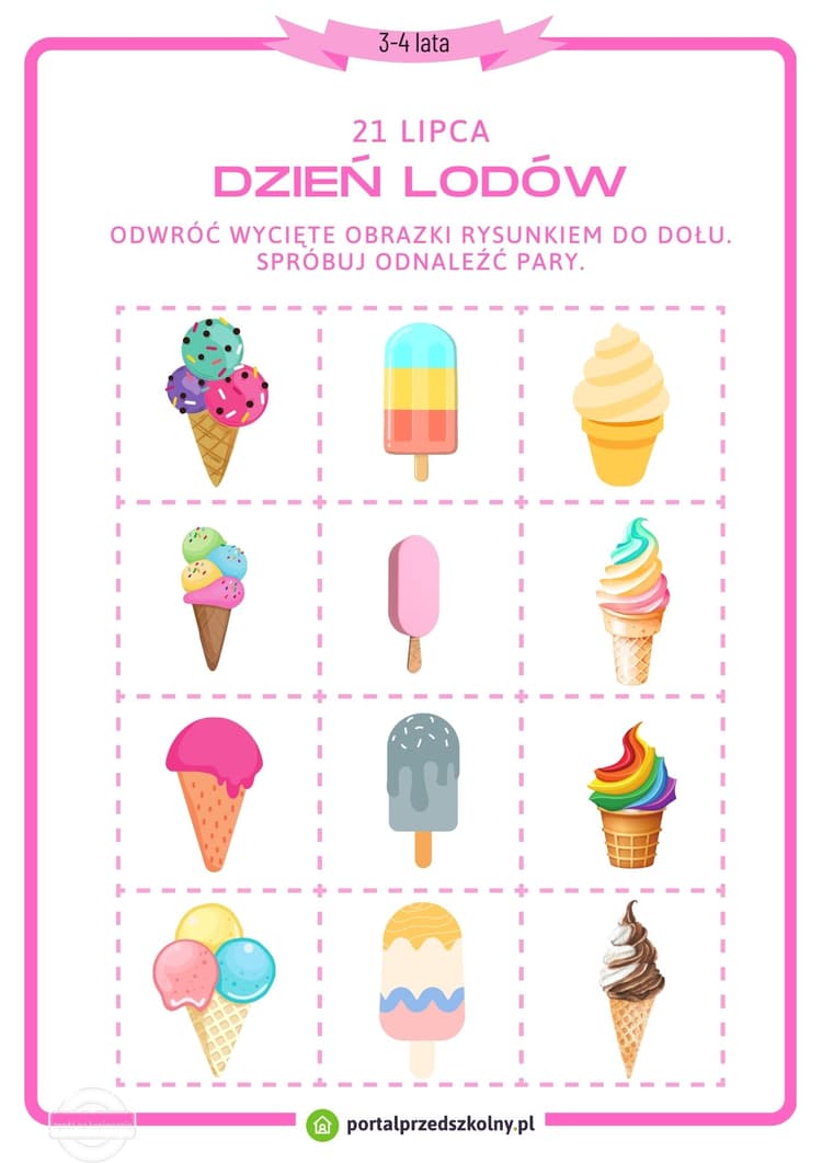 Karta pracy dla 3 i 4-latków na 21 lipca (Dzień Lodów)