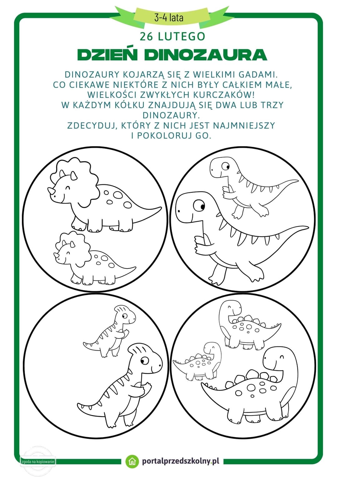 Karta pracy dla 3 i 4-latków na 26 lutego (Dzień Dinozaura)