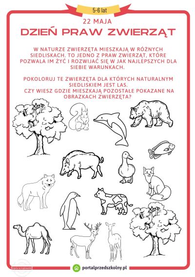 Karta pracy dla 5 i 6-latków na 22 maja (Dzień Praw Zwierząt)