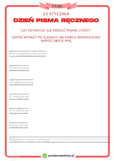 Karta pracy dla 5 i 6-latków na 23 stycznia (Dzień Pisma Ręcznego)