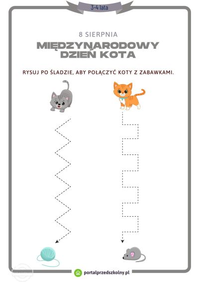 Karta pracy dla 3 i 4-latków na 8 sierpnia (Międzynarodowy Dzień Kota)